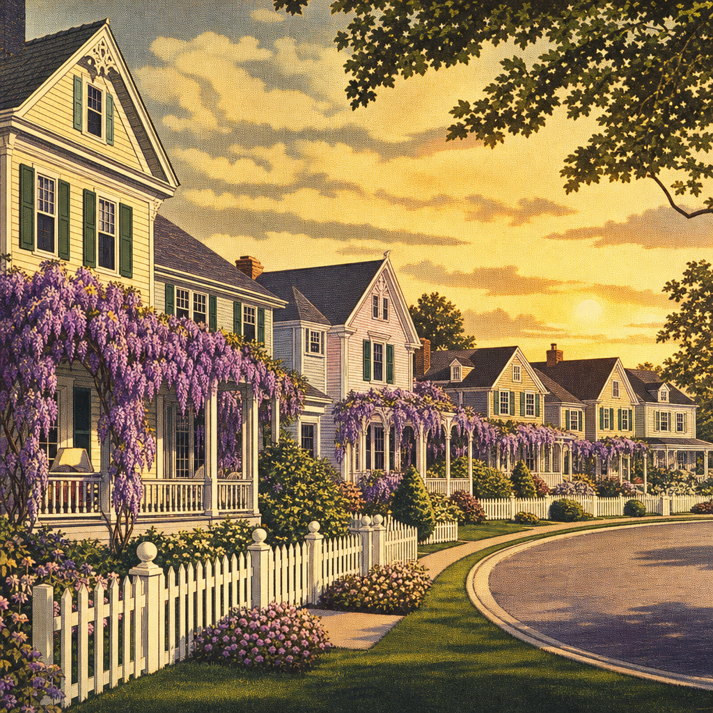 Illustrated cover of Wisteria Lane at golden hour
